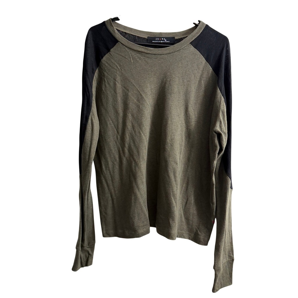 June 7.2 Shirt Womens Medium Green Raglan Long Sleeve Cotton Linen Blend Top *